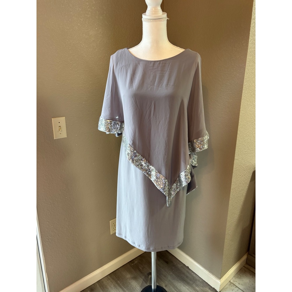 Midnight Velvet Gray Sequin Trim Cape Overlay Sheath Dress Womens 8